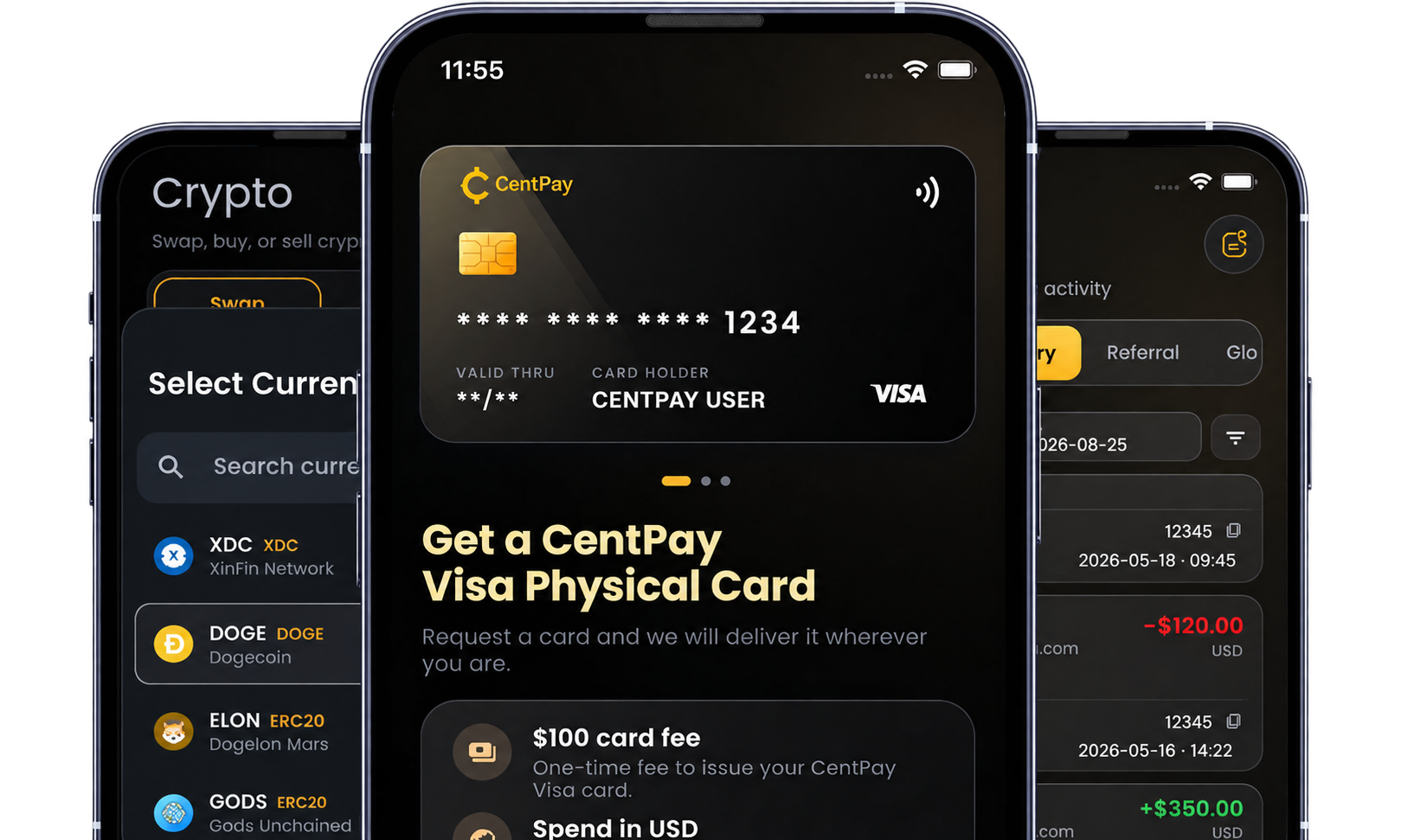CentPay යෙදුම පෙන්වන දුරකථන තුනක්: ක්‍රිප්ටෝ හුවමාරු ලැයිස්තුව, CentPay වීසා කාඩ්පතක් සහ මෑත කාලීන ගිණුම් ක්‍රියාකාරකම්